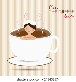 Female bathing in a cup of coffee like a hot spring