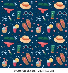 Female Beach accessories seamless pattern. Beach holidays, vacation concept. Flat design, vector cartoon illustration. Strokes of sunscreen cream. Flat design