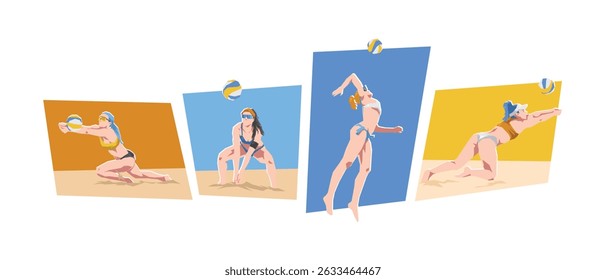 Female beach volleyball player character set illustration. Sport, game, summer. Flat cartoon vector graphic.