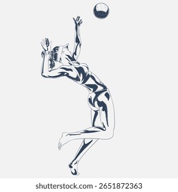 Female beach volleyball player jumping to hit the ball, sketch-style sports drawing, isolated on white background