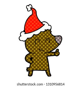female bear hand drawn comic book style illustration of a wearing santa hat