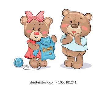 Female bear knitting sweater to her boyfriend, text honey and bee depicted on apparel, vector illustration cartoon characters isolated on white
