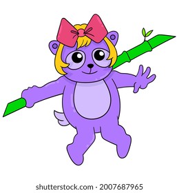 female bear with pink ribbon holding a bamboo stick martial arts, vector illustration art. doodle icon image kawaii.