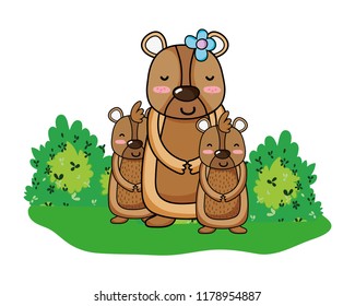 female bear with its sons animals and bushes