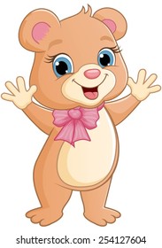 Female bear standing with spread hands and smiling.