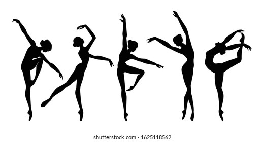 Female beautiful classic dancers character. Set dancing women. Silhouettes ballerinas. Vector illustration isolated on white background.