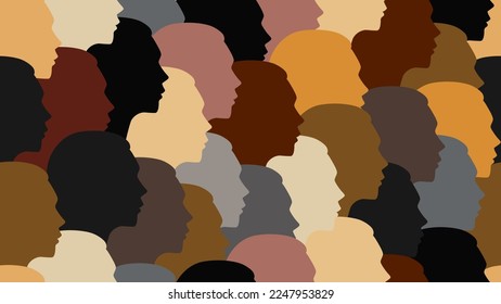 Female beautiful diverse faces, seamless texture. The crowd, a group of girls of different nationalities. Vector illustration for Women's Empowerment Movement or International Women's Day