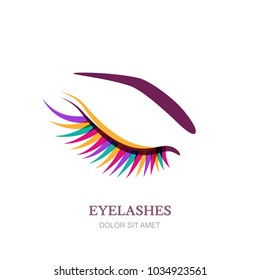 Female beautiful eye with colorful eyelashes, isolated on white background. Vector logo, emblem design element. Concept for beauty salon, cosmetics label, visage and makeup.