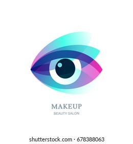 Female beautiful eye on flower leaves background. Vector logo, label, emblem design element. Concept for beauty salon, makeup stylist, optical, glasses shop, oculist, ophthalmology.