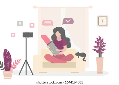 Female beauty blogger making review for cosmetics and recording video for her blog. Young woman talking about make up on vlog channel. Female character holding big lipstick. Vector illustration