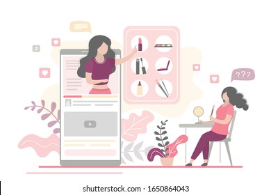 Female beauty blogger making review for cosmetics, video app on mobile screen. Young woman watching about makeup on vlog channel. Female characters. Social media and fashion people. Flat Vector