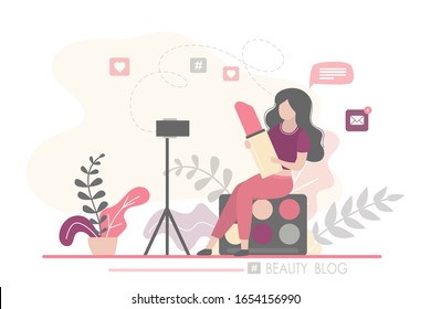 Female beauty blogger making review for cosmetics and recording video for her blog. Young woman talking about make up on vlog channel. Female holding lipstick. Vector illustration.