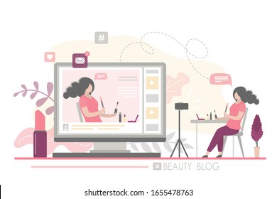 Female beauty blogger making review for cosmetics. Online video stream on monitor screen. Woman on workplace, tripod with smartphone. Make-up video content production. Vlog channel. Vector