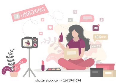 Female beauty blogger making review for cosmetics and recording video for her blog. Young woman talking about make up on vlog channel. Unboxing concept. Girl holding lipstick. Flat vector illustration