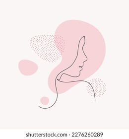 Female beauty concept. Vector one line modern illustration. Woman profile avatar by continous line on pink abstract shape. Design element for fashion, skincare, sale, advertisement