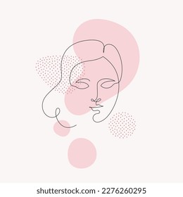 Female beauty concept. Vector one line modern illustration. Woman face avatar by continous line on pink abstract shape. Design element for fashion, skincare, sale, advertisement