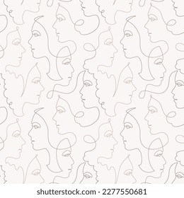 Female beauty concept. Vector one line seamless pattern illustration. Different woman face avatars by continous line on white background tile. Design element for fashion, skincare, sale, advertisement