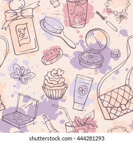 Female beauty and cosmetics accessories. Seamless hand drawn vector pattern. Fashion and glamour vector objects on color spots background.