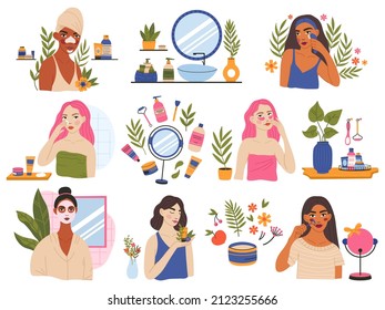 Female beauty skincare routine, young women use cleanser and skin moisturiser. Woman skin care procedures, organic cosmetic products vector illustration set. Beauty routine, applying mask, hydrating