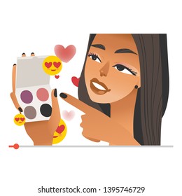 Female beauty vlogger with eye shadows in hands on internet video screen - young blogger streaming make up tutorials on vlog channel in flat style isolated on white background.