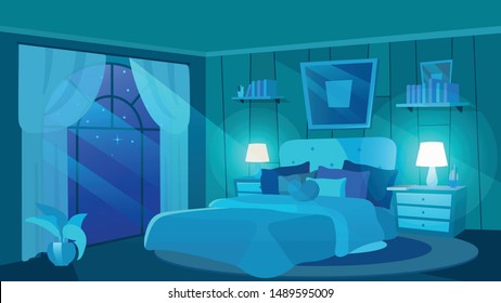 Female bedroom at night flat vector illustration. Luxury estate interior with modern furniture. Cartoon bed with cushions, heart-shaped pillow, trendy picture above. Bedside tables with lamps, plants
