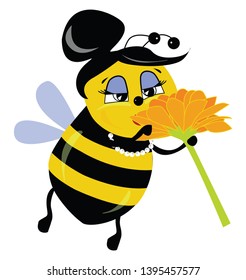 Female bee with black and yellow stripes wearing a necklace and smelling an orange flower, vector, color drawing or illustration. 