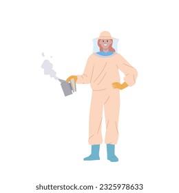 Female beekeeper cartoon character in suit holding smoker tool isolated on white background