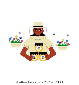 Female Beekeeper Holding Honey Jars In Flat Vector Illustration Symbolizing Sustainable Farming And Honey Production, Isolated On White Background.