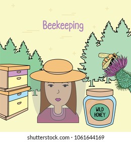 Female beekeeper, next to jar of wild honey, beehive and a bee deep inside forest.Vector illustration.