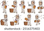 Female beekeeper working with honey bees and beehives. Vector cartoon illustrations bundle with each image on a separate layer.