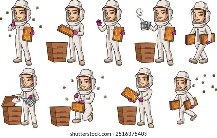 Female beekeeper working with honey bees and beehives. Vector cartoon illustrations bundle with each image on a separate layer.