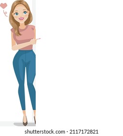 Female behind the wall character cartoon personalities. Full body human figure. women pointing hand with copy space for text and product.