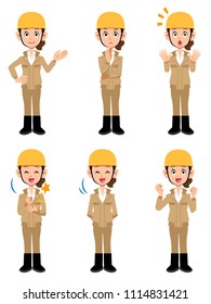 Female beige working at the construction site Work clothes 6 types of pose set 2