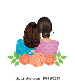 Female best friends back view decorated with flower. Friendship Vector illustration.