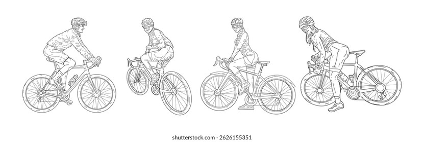 Ciclista Feminino, Ciclismo Poses Ciclistas de Estrada em Várias Posições Estilo de Ilustração.