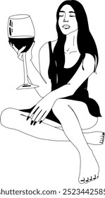 Female with a big wine glass simple vector illustration. Hand drawn doodle in black and white colors young woman sitting with enormous glass. Isolated on transparent background