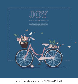 Female bike with a basket and flowers. Vintage illustration with a romantic mood. Pink bike for a girl. Give joy.