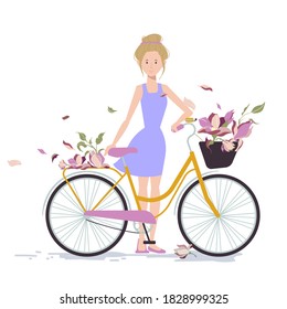 Female bike with a basket and flowers. Vintage illustration with a romantic mood. Color bike and girl. Give joy. 
