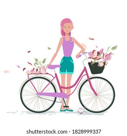 Female bike with a basket and flowers. Vintage illustration with a romantic mood. Color bike and girl. Give joy. 
