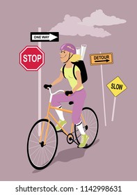 Female Bike Messenger Riding Living Behind Prohibiting Road Signs, EPS 8 Vector Illustration