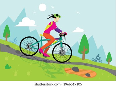 A female biker going down hill. Editable Clip Art.