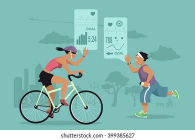 Female biker and male runner waving at each other, wearing activity trackers, social media fitness app on the background, EPS 8 vector illustration, no transparencies