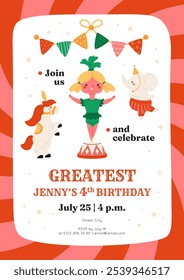 Female birthday invitation. Circus event banner template, kids party. Acrobat girl on podium, cute pony and dancing elephant. Funny characters. Magic celebration background. Holiday border.