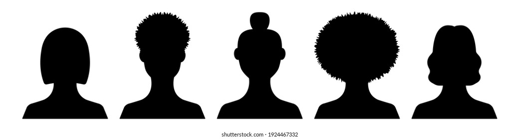 Female black avatars silhouettes set. Ink portraits girls with fashionable hairstyles various nationalities for social networks and personal vector accounts.