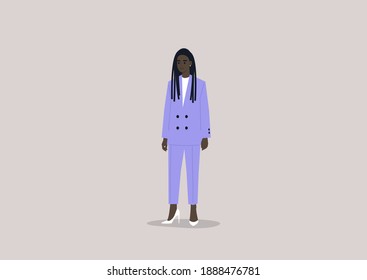 A female Black CEO of the company wearing a business suit with high heels, elegance at work