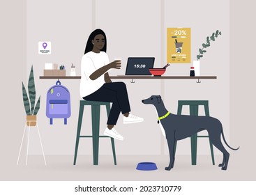 A female Black freelancer having lunch with their pet in a dog friendly cafe, a counter with bar stools