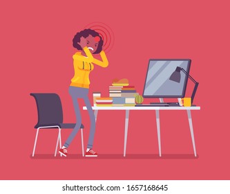 Female black freelancer suffering with headache and migraine. Young overworked woman tired, online networking stress and self-employment failures, frustrated. Vector flat style cartoon illustration