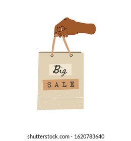 Female black hand holding craft paper Shopping or gift Bag. Big Sale sign. Sack for purchases, presents. Hand drawn vector illustration. Shopping, sale concept