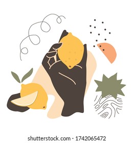 Mano negra femenina con limón. Composición creativa a mano alzada en estilo abstracto contemporáneo con colores pastel. Diseño de moda para medios impresos, tarjetas, afiches, medios sociales. Arte vectorial.