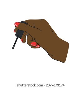 Female black hand with red manicure holds a brush with nail polish in cartoon flat style. Vector illustration isolated on white background.